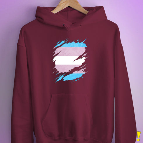Transgender Pride Flag Ripped Reveal Hoodie - Maroon